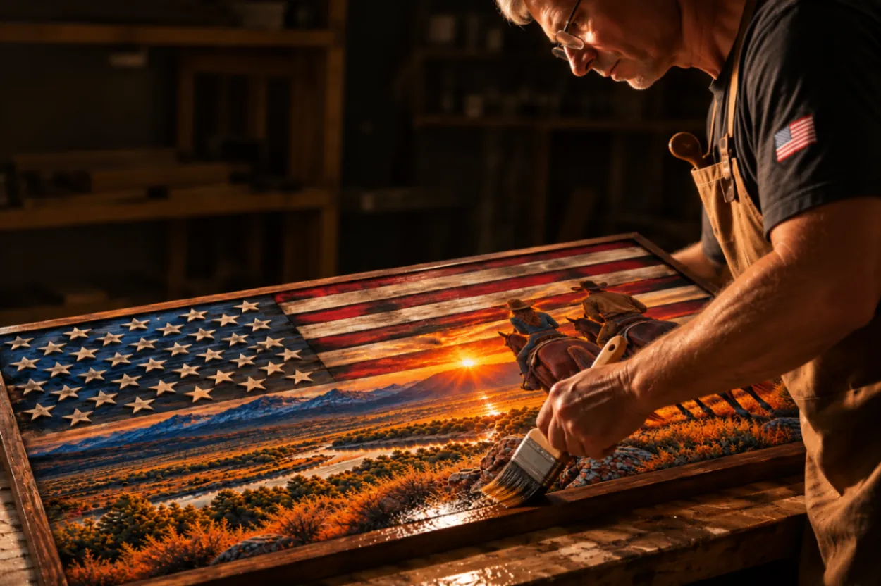 A craftsman varnishes a detailed wooden American flag artwork in his workshop